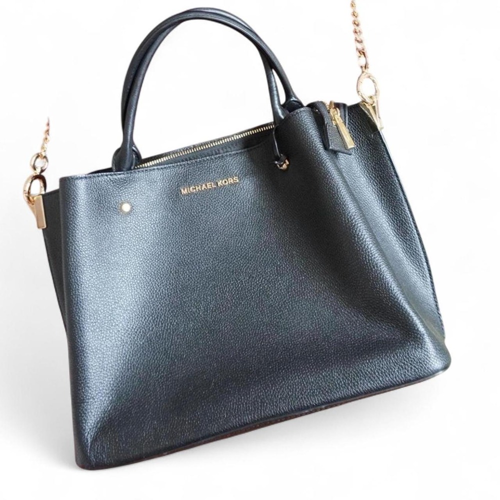 MICHAEL Michael Kors Arielle Black Pebbled Leather Satchel Bag Gold Hardware
